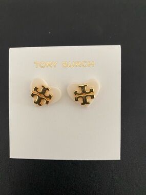 Tory Burch Cream Heart Stud Earrings with Gold Logo